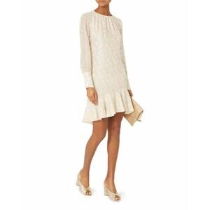 NWT Derek Lam 10 Crosby White & Gold Lurex Asymmetrical Ruffle Hem Dress US 2